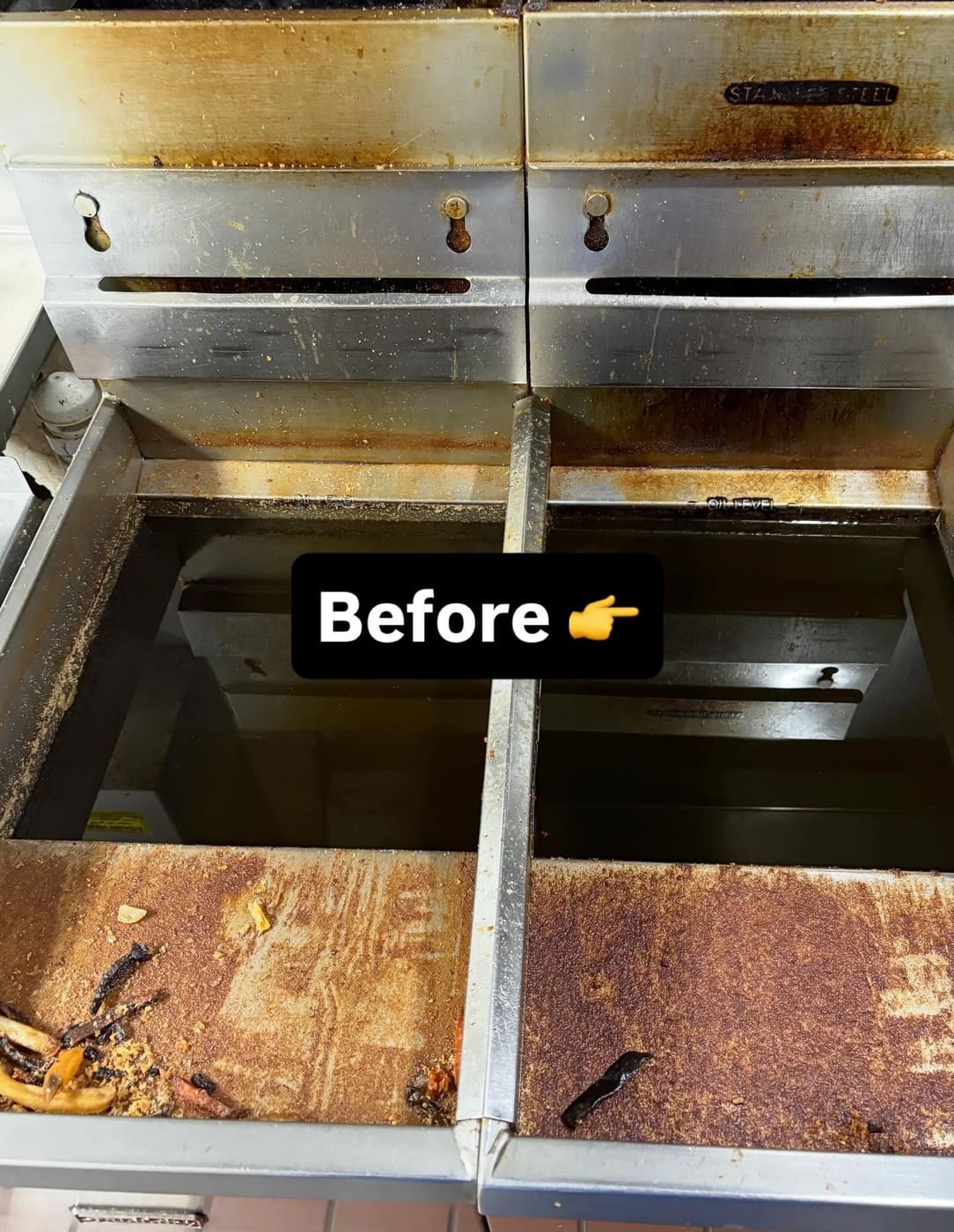 Restaurant deep fryers before cleaning, heavy grease and rust